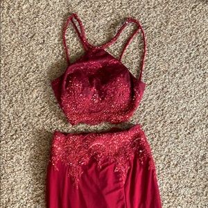 Long red two pieces prom dress